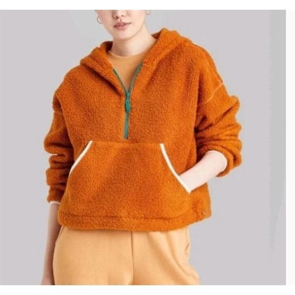 Wild Fable Women's cropped hoodie top Half-Zip Sherpa Anorak Jacket Rust M NWT - Picture 1 of 3